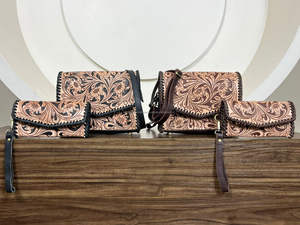 Vente en gros, nouveauté, ensemble 2 pièces tendance pour femmes, sac à main à bandoulière en cuir véritable usiné à la main et pochette en cuir véritable - Product Image 4