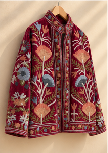 Veste en velours Heritage bordeaux, broderie botanique, col large, motifs de vigne d'olivier, faite à la main, style Jaipuri, réversible, séchage rapide - Product Image 4