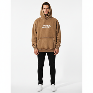 Sudadera con capucha pesada para hombre RANZIA OEM ODM personalizada, con cremallera, lavado ácido, efecto desgastado, corte y costura, pedrería, impresión DTG - Product Image 2