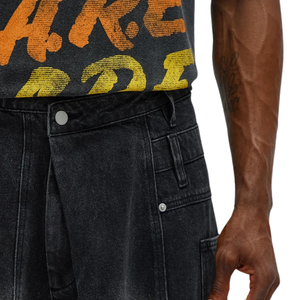 Mens Black <b>Wide</b> <b>Leg</b> <b>Cargo</b> Denim Pants Regular Fit Solid 100% Cotton Utility Jeans Casual Streetwear Multi Pocket Fashion - Product Image 3