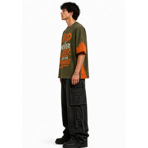Camiseta Extra Grande para Hombre, Verde Oliva y Naranja, Cuello Redondo, Manga Corta, Diseño Casual con Letras Estampadas, Algodón Jersey - Product Image 5