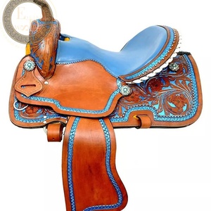 Silla de montar western de cuero genuino ligero de primera calidad, hecha a mano, para carreras de barriles, con color y tamaño personalizados para equitación de espectáculos. - Product Image 1