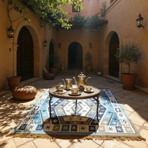 Tapis de salon marocain géométrique Kilim fait main, rectangulaire, en laine et acrylique, à poils moyens, avec envers antidérapant en latex, écologique - Product Image 1