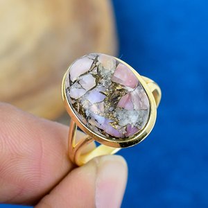 Natural Pink <b>Opal</b> Copper Cushion Shape Gemstone <b>Ring</b> 18k <b>Gold</b> Finish Oval 925 Sterling Silver - Product Image 1