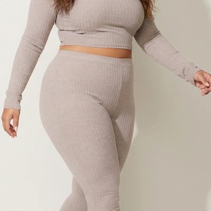 Leggings tricotés taille haute pleine longueur couleur unie extensibles grande taille pour femme, pantalon de yoga et d'entraînement sans couture en Spandex et Nylon - Product Image 4