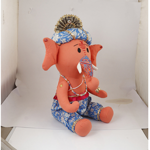 Peluche Ganesha l'Éléphant Orange à vendre – Poupée artisanale douce avec costume floral bleu traditionnel - Product Image 2
