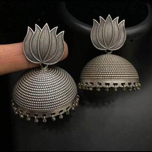 German Silver <b>Lotus</b> Jhumka Drop Earrings with <b>Pearl</b> and Diamond for Wedding Gift - Product Image 1