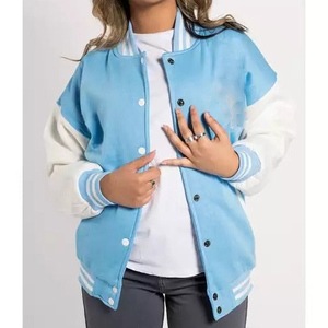 Chaqueta Varsity para Mujer, Azul Claro y Blanco en Contraste, Manga Larga, Cuello Camisero, Cierre de Botón, Poliéster y Algodón, para Otoño - Product Image 1