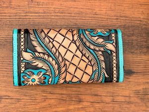 Cowgirl Fashion Tooled cuero de vaca turquesa flor billetera de alta calidad de cuero genuino mujeres tarjeta de crédito y billeteras para teléfono - Product Image 4