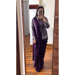 TRENDING RANGOLI SILK EMBROIDERY CORDING WORK READY to WEAR <b>SAREE</b> WITH JACKET <b>PURPLE</b> - Product Image 1