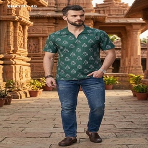 Best Fabric Cotton with All-Over Ganesha Print Half-Sleeve <b>Shirt</b>-Collar Short-Kurta <b>Man's</b> Collection <b>Indian</b> Supplier - Product Image 1