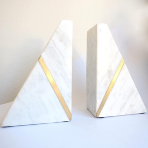 Marble Triangle Bookends with Gold Inlay Minimalist Stone Bookends 2Pcs Decorative Shelf Accessories - Product Image 1