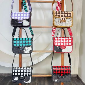 Luxury Wholesale Pink & White Checkerboard Cow Leather Crossbody <b>Bag</b> for Women's Genuine Leather Shoulder Purse Western Handbag - Product Image 4