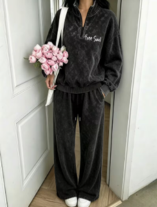 Ensemble de survêtement décontracté pour femme avec sweat à capuche zippé effet délavé et pantalon brodé à nœuds, 2 pièces - Product Image 2