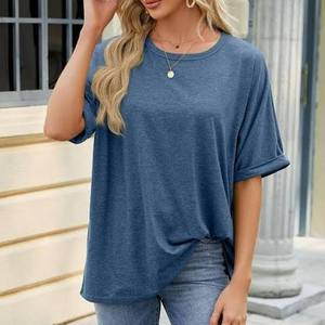 Camiseta Casual de Manga Corta para Mujer, Transpirable, con Cuello Redondo y Manga de Mariposa, Diseño Sólido con Logotipo, Exportación Transfronteriza - Product Image 1