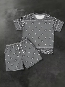 Mens 2-Piece Knitted Polyester/Cotton T-Shirt Set Slim Fit Casual Summer Crew Neck Digital Printing 220-240 Grams Fabric Weight - Product Image 4