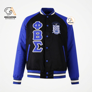 Ropa Griega, Chaqueta Universitaria de Satén con Letras, Phi Beta Sigma |   Camiseta casual para hombre, negra, azul real, con letras griegas bordadas, corte regular - Product Image 1