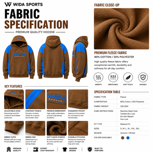 WIDA SPORTS Sweat-shirt à capuche pour homme, marron et bleu, à blocs de couleur, manches raglan, en polaire, décontracté, pull d'automne - Product Image 6