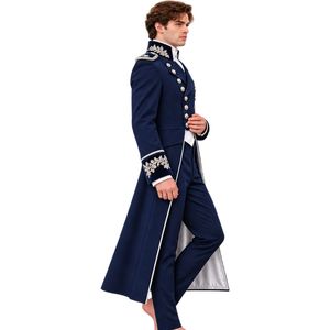 Costume de marié bleu marine foncé pour homme, style veste de queue-de-pie victorienne, avec boutons argentés et broderies, pour mariage formel, avec pantalon assorti - Product Image 2