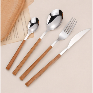 Ensemble de couverts modernes en acier inoxydable avec manche en bois, couverts de table occidentaux modernes, cuillère, fourchette, couteau polis miroir - Product Image 1