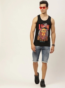Camiseta sin Mangas Negra para Hombre con Estampado Gráfico de León, Cuello Redondo, Estilo Casual, 100% Algodón, Transpirable - Product Image 2