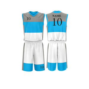 ชุดเสื้อบาสเก็ตบอลสีบลูเกรย์ไวท์ บล็อกสี สำหรับผู้เล่นหมายเลข 10 ผ้าโพลีเอสเตอร์ซับเหงื่อ ระบายอากาศได้ดี สำหรับผู้ใหญ่ ทั้งชายและหญิง - Product Image 1
