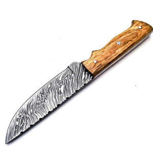 Cuchillo de caza de acero de Damasco con hoja de punta caída y borde dentado, mango de madera, hecho a mano, cuchillos OEM en venta a precio razonable - Product Image 1