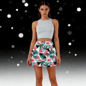 Ventes flash sur Temu |   Jupe courte tendance à imprimé flamants roses et feuilles, taille haute, décontractée, évasée, pour femme, idéale pour le quotidien, les vacances et les fêtes - Product Image 2