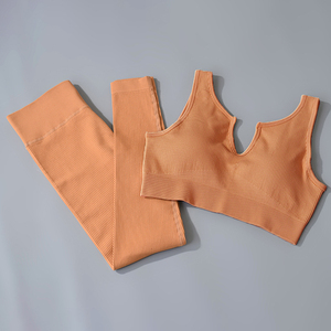 Smooth High-Waisted Seamless Simple Yoga <b>Bra</b> and Leggings Set for Women High Support Racerback Front Logo Active Wear - Product Image 2
