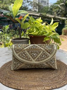 SANGRAJ CREATIONS Geometric Crystal Flap Clutch Bag 5 Inch Luxury Sparkling Evening <b>Handbag</b> Embellishments Cotton Lining Party - Product Image 3