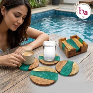 Beads Art Ba Round Wood Resin Coasters Set of 4 Green Classic Handmade - Product Image 1