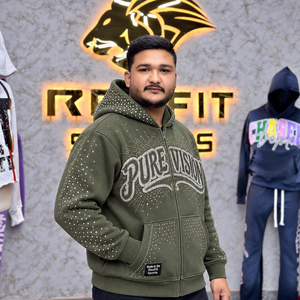 Sweat à capuche unisexe surdimensionné personnalisé avec fermeture éclair, en molleton épais, motif graphique en strass, style streetwear, poche kangourou, étiquette personnalisée - Product Image 3