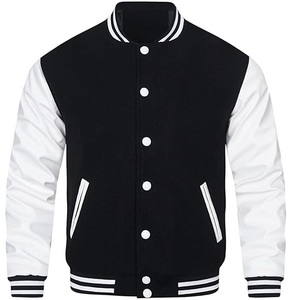 Chaquetas Varsity Negras con Mangas de Cuero Blanco, Resistentes al Viento, Personalizadas con Parches, Hechas Completamente de Lana, Chaquetas Letterman para Hombre, Ropa Urbana - Product Image 1