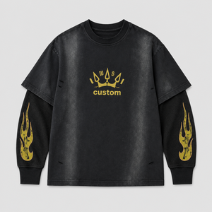 T-shirt Homme Personnalisé OEM en Coton Surdimensionné 300 Grammes, Lavage Acide, Impression Numérique, Double Couche, Manches Longues, Court, Effet Usé et Déchiré - Product Image 1