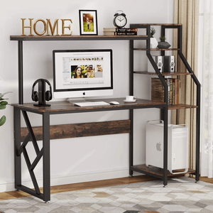 Large Computer <b>Desk</b> with Attached Bookshelf 59x23" - Modern Wood Top Metal Frame Writing <b>Study</b> Table Office Hutch Tower - Product Image 3