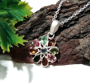 Colgante de Turmalina Multicolor Natural con Engaste de Bisel, Chapado en Plata, Plata de Ley 925, Collar con Cadena Unisex, Joyería - Product Image 4