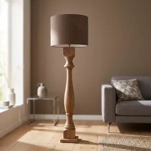 Lampadaire Robbia en bois rustique brun foncé avec abat-jour en tissu pour salon, chambre à coucher, décoration intérieure - Product Image 4