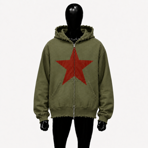 เสื้อฮู้ดโอเวอร์ไซส์ Olive ลายดาวแดง ขอบขาดสไตล์สตรีทแวร์ ยูนิเซ็กส์ ทรงหลวม ซิปยาวเต็มตัว - Product Image 1