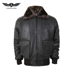Chaqueta de Cuero Tipo Bomber Impermeable para Hombre, Personalizada, con Cierre de Cremallera, Decoración de Plumas y Ribete de Piel de Oveja - Servicio OEM - Product Image 1
