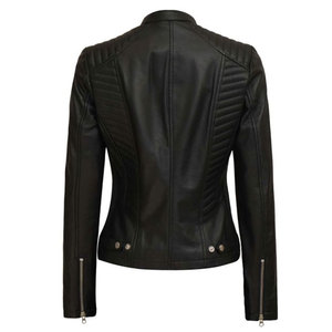 แจ็คเก็ตหนังแท้สีดำสไตล์คาเฟ่เรเซอร์สำหรับผู้หญิง ทรงเข้ารูป มีกระเป๋าซิป ดีไซน์เรียบหรู รับผลิตแบบ OEM ODM - Product Image 2