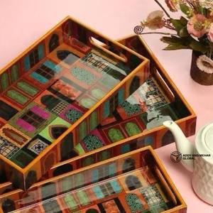 Set of 3 Decorative MDF Serving Trays High-<b>Gloss</b> <b>Paper</b> Enamel Nesting Trays with Floral Bird Print Luxury Wooden Ottoman Tray - Product Image 2