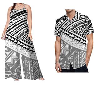 Conjuntos Polinesios al por Mayor para Parejas, Camisa Casual con Estampado Dorado Samoano para Hombre y Rompers de Talla Grande para Mujer, Conjuntos de 2 Piezas, Ropa Tribal - Product Image 3