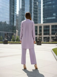 Conjunto de Vestido Camisero de Manga Larga Color Lavanda con Pantalones Anchos, Corte Holgado, Transpirable, Viscosa, Ropa de Oficina, Profesional, Largo Midi - Product Image 2