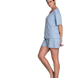Ensemble 2 pièces décontracté pour femme, motif pois bleu clair, manches courtes, col rond, tricoté, respirant, coupe ample, printemps-été - Product Image 2