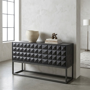 Dice Buffet Black Modern Wooden Credenza <b>Sideboard</b> <b>Storage</b> Cabinet With Geometric Diamond Pattern Carved Facade And Metal Base - Product Image 5