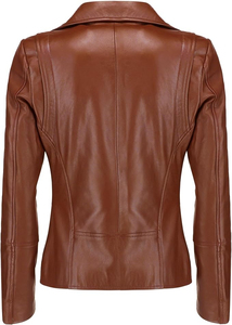 Veste moto en cuir véritable pour femme, manches longues, fermeture éclair, couleur unie, style automne, col rabattu - Product Image 3