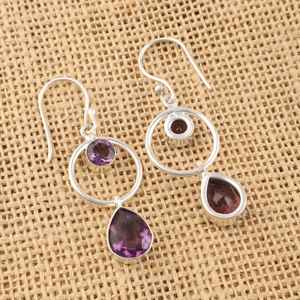 Boucles d'oreilles pendantes en argent sterling faites à la main avec améthyste sertie clos, pierre précieuse en forme de poire, cadeau de luxe élégant pour femme, idéal pour les soirées - Product Image 3