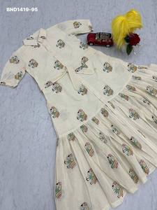 Elegant Look Pure Cotton with Thread-Embroidery Elephant-Motif Scattered <b>work</b> & Tie-<b>Belt</b> & Collar-Neck Frock Woman Fashion - Product Image 5