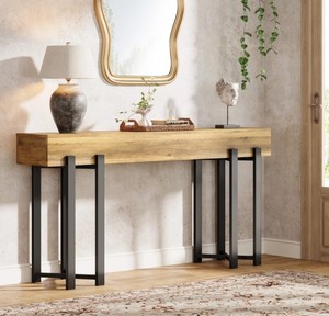 Console moderne rustique en bois avec base en métal, étagère de rangement, meuble d'entrée ou de salon - Product Image 2