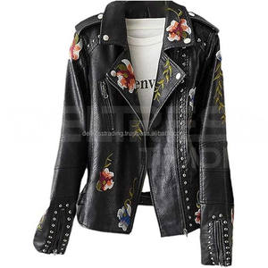 Cuello vuelto Original Moto Biker prendas de vestir exteriores tachonado negro motocicleta cuero Real invierno calentado teñido de alta calidad para mujer - Product Image 4